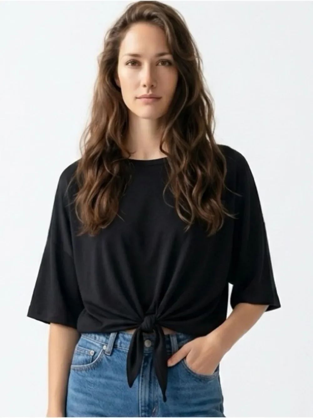 FOREVER 21 | High Low Tie Knot Front Solid Black T-Shirt Women’s Size Medium
